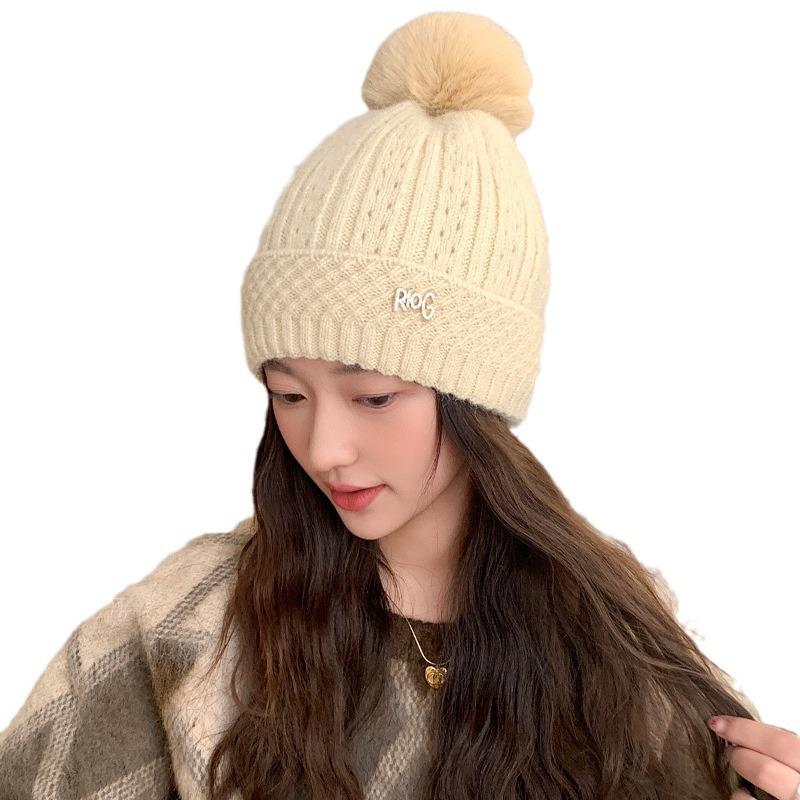 Korean New Autumn and Winter Hat for Women's Winter Household Warm Knitted Wool Hat Letter Diamond Mark Warm Ear Protection Head Hat
