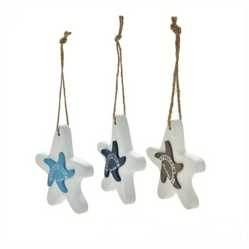 3Pcs/Set Wood Crafts Mediterranean Starfish Hung Fish Nautical Decor Hang Decorated Marine Pendant.