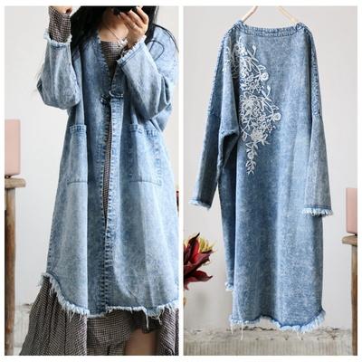 Women Vintage Embroidery Floral Coats V-Neck Long Sleeve Patchwork Pockets Autumn Women Coats