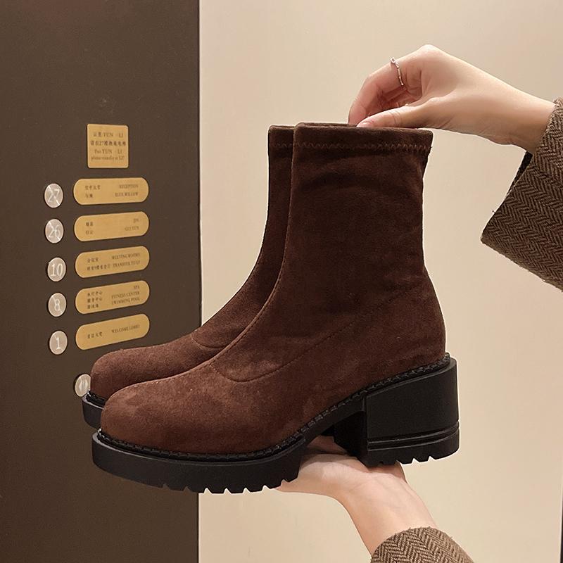 Fashion Aphixta 6cm Square Heel Black Ankle Boots Cotton Fabric Women Concise Platform Lady Footwear Shoes Women Warm Sock Boots Size 42