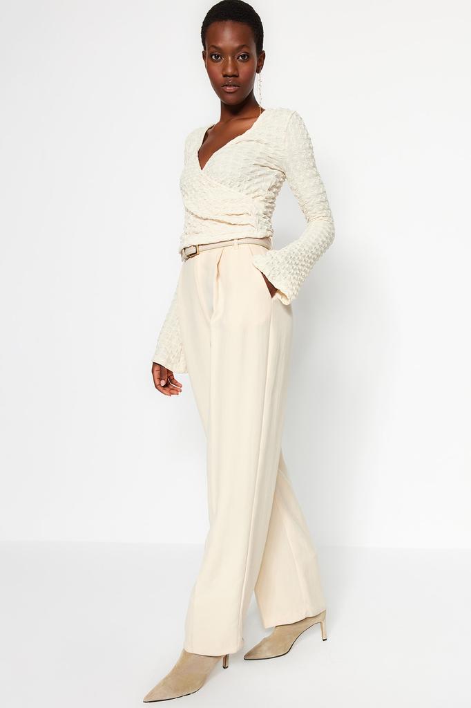 Women's Style Blouse Beige Premium Textured Fabric Double Breasted Neck Regular Normal Fit Crop Knitted Blouse