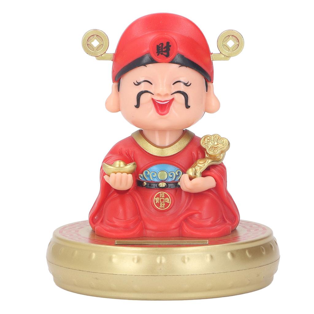 God of Wealth Figurine Solar Powered Automatic Nodding Durable Plastic Cai Shen Statue for Home Car