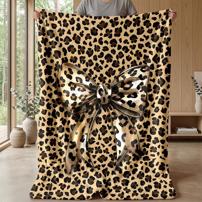 Leopard Print Bow Design Theme Blanket Lightweight Warm Flannel Blanket Decorative Throw Blanket for Home Decoration