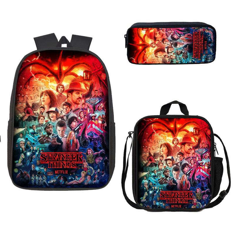 Stranger Things Schoolbag, Pencil Bag, Meal Bag To Map Z Three-Piece Large-Capacity Backpack Colorful