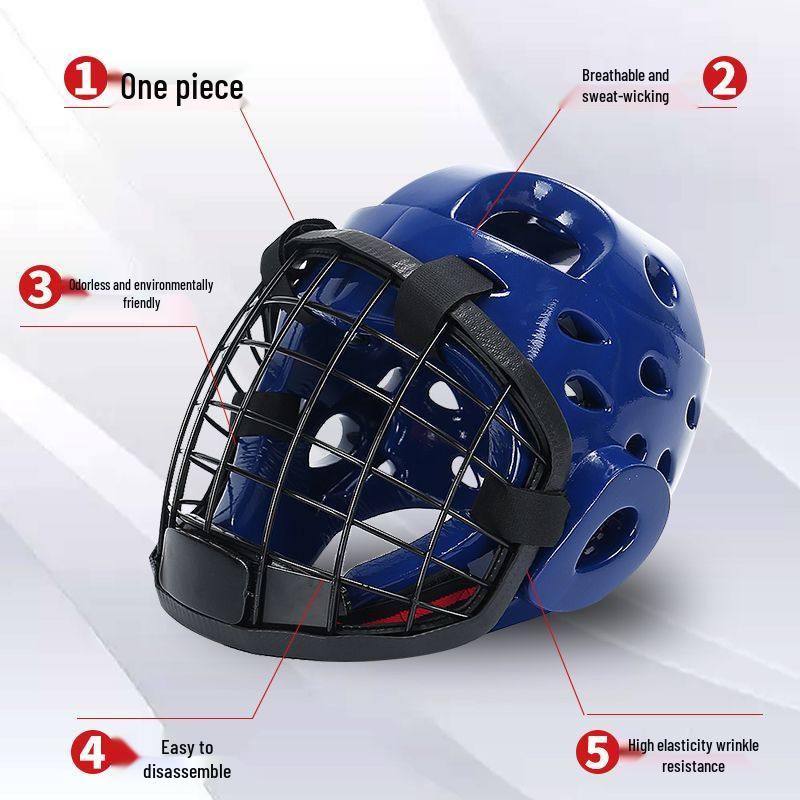 Karate Taekwondo Helmet with Iron Mesh Face Shield and Double Section Staff for Self-Defense