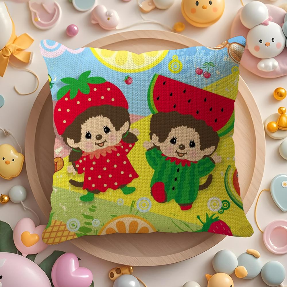 Cartoon M-Monchhichis Cushion Cover Linen Organic Fabric Double-Sided Printing Breathable Pillow Case Sofa Home Decor Gift