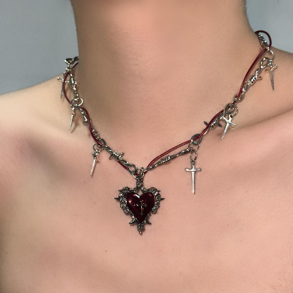 Hip Hop Y2K Náhrdelník s přívěskem srdce pro ženy Dívky Gotický Červený Kapající Olej Trnitý Kříž Choker Náhrdelníky Party Šperky Doplňky