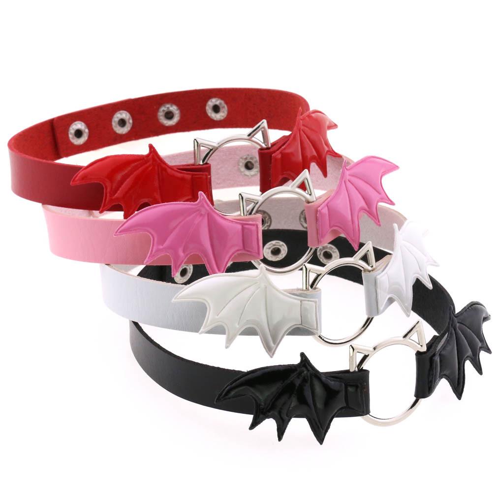Cat Head Bat Wings Leather Punk Choker Necklace with Snap Button Clasp