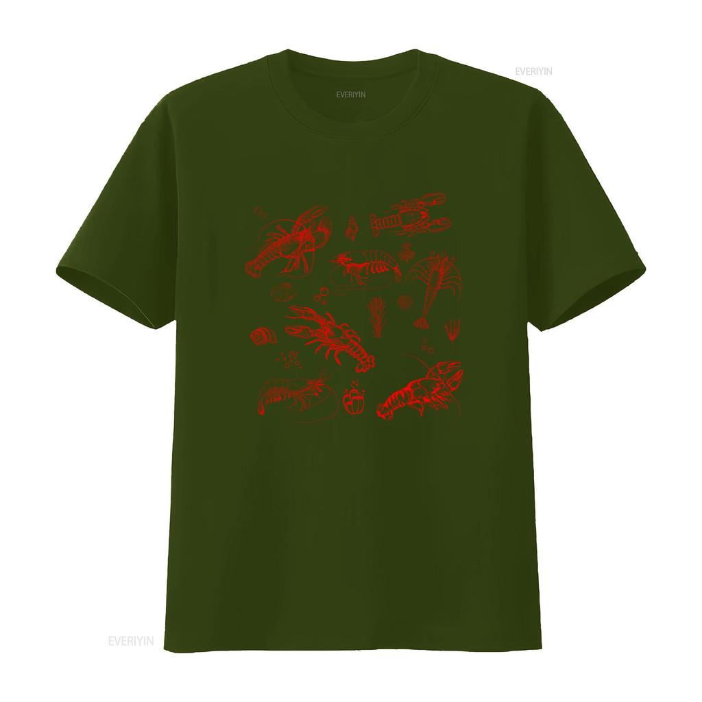 Casual Streetwear Line Art Red Seafood Lobster Shrimp Print T Shirt Vintage Washed Unisex Soft Fashion Stretched