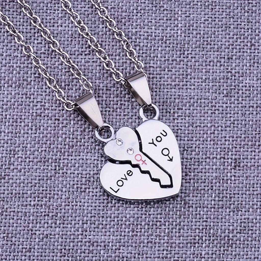 A Set of Two Minimalist Creative Heart-Shaped Key Pendants 'Love You' Couple Necklaces, Symbolizing Friendship, Commitment, And Love, Perfect As Fashi