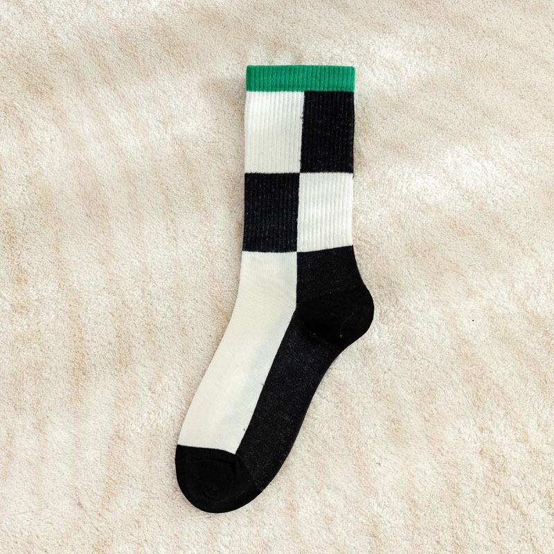 5/10 Pairs Green Checkered Black and White Pattern Mid Calf Socks Trendy Brand with Smiling Face Color Blocked Stripes Collegiate Style Cotton Socks