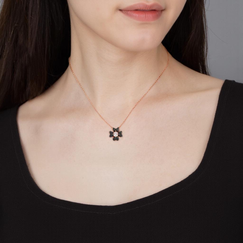 Swarovski Four Leaf Clover Pendant Necklace Rose Gold Tone Women Necklace Black 5714901