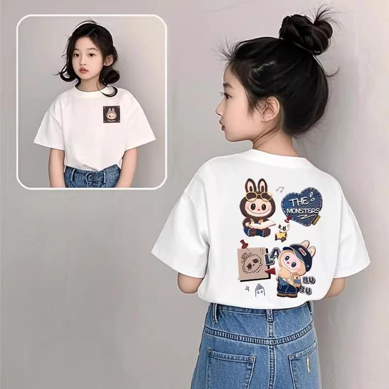 Cartoon Monster Elf Labubu Kids Adult Letter Printed T-shirt Summer Casual Women's Tees Top Girl and Boy Short Sleeve Clothing