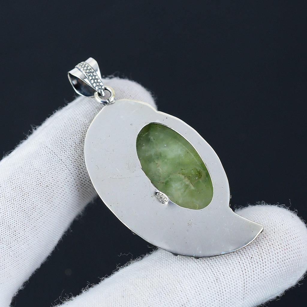 Natural Prehnite Gemstone Silver Pendant In 925 Sterling Silver- Handmade Design, Everyday Wear Jewelry, Unique Pendant Gift For Her