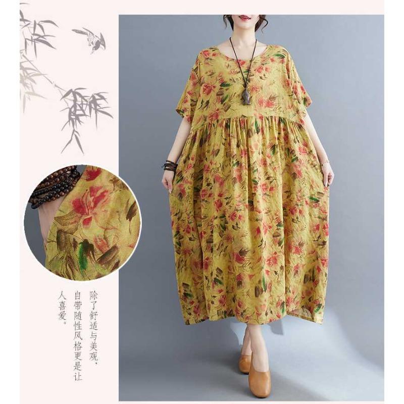 Loose and Thin Retro Swing Round Neck Short Sleeve Long Dresses