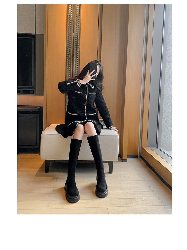 Botas Retro de Ante para Mujer por Encima de la Rodilla con Caña Alta Elástica y Aumento de Altura Interior