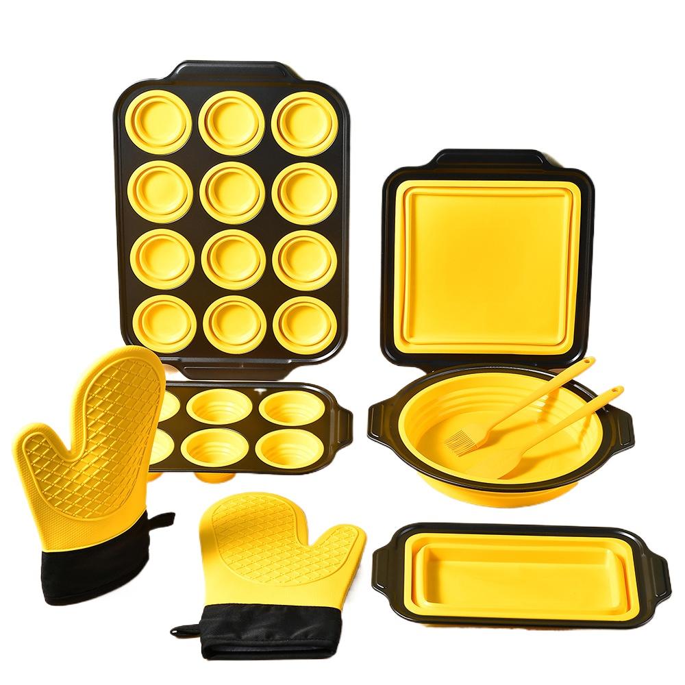 Nepřilnavé pekáče, Silikonová sada na pečení s designem Press to Release, Kuchyňské chňapky, Špachtle a Štětec Flexibilní, Bez BPA, Vhodné do myčky a do trouby