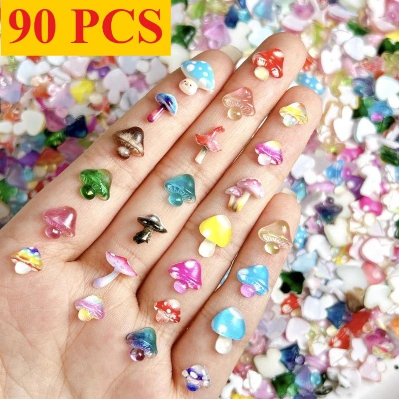 30/90pcs Dopamine Colored Adorable Mushroom Resin Nail Charms Colorful Dazzling Translucent Nail Art Decorations DIY Nails Ins