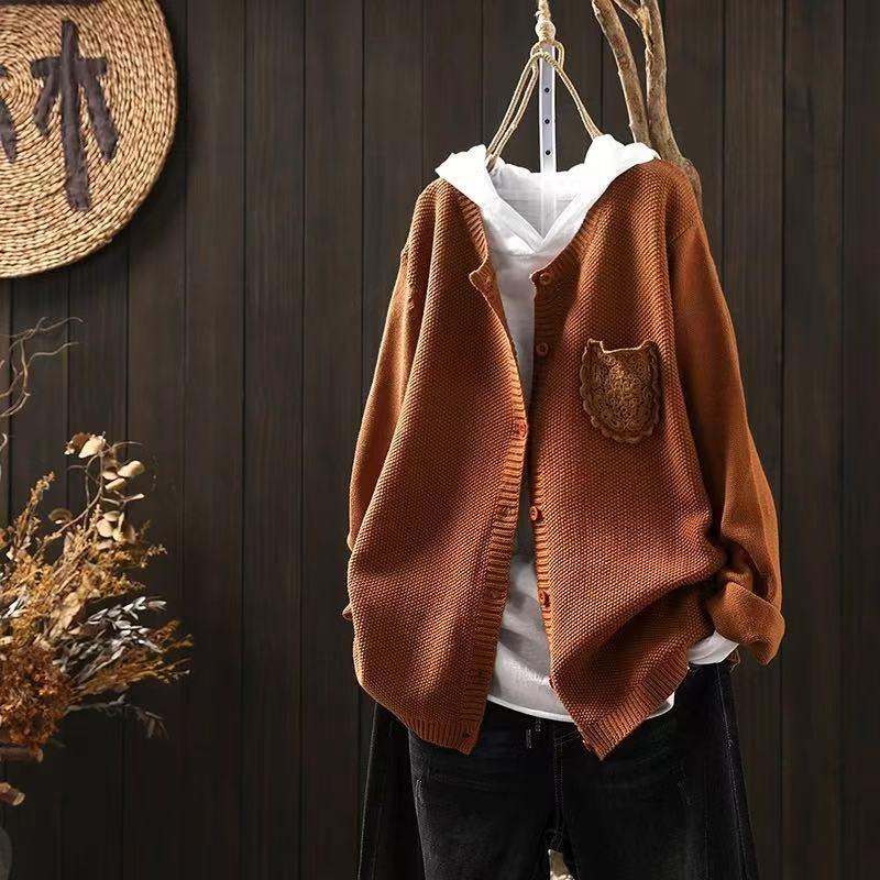 

Johnature Women Vintage Knitted Sweaters Long Sleeve Patchwork Lace Pockets Button Autumn Solid Color Sweaters One Size помаранчевий