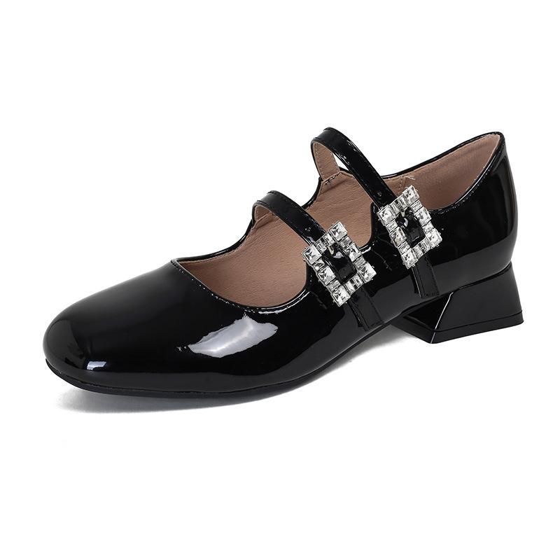Fashion Luxury Crystal Belt Buckle Mary Janes Woman Red Patent Leather Ballets Shoes Ladies Wedding Med-High Heels Pumps Femmes Tacones