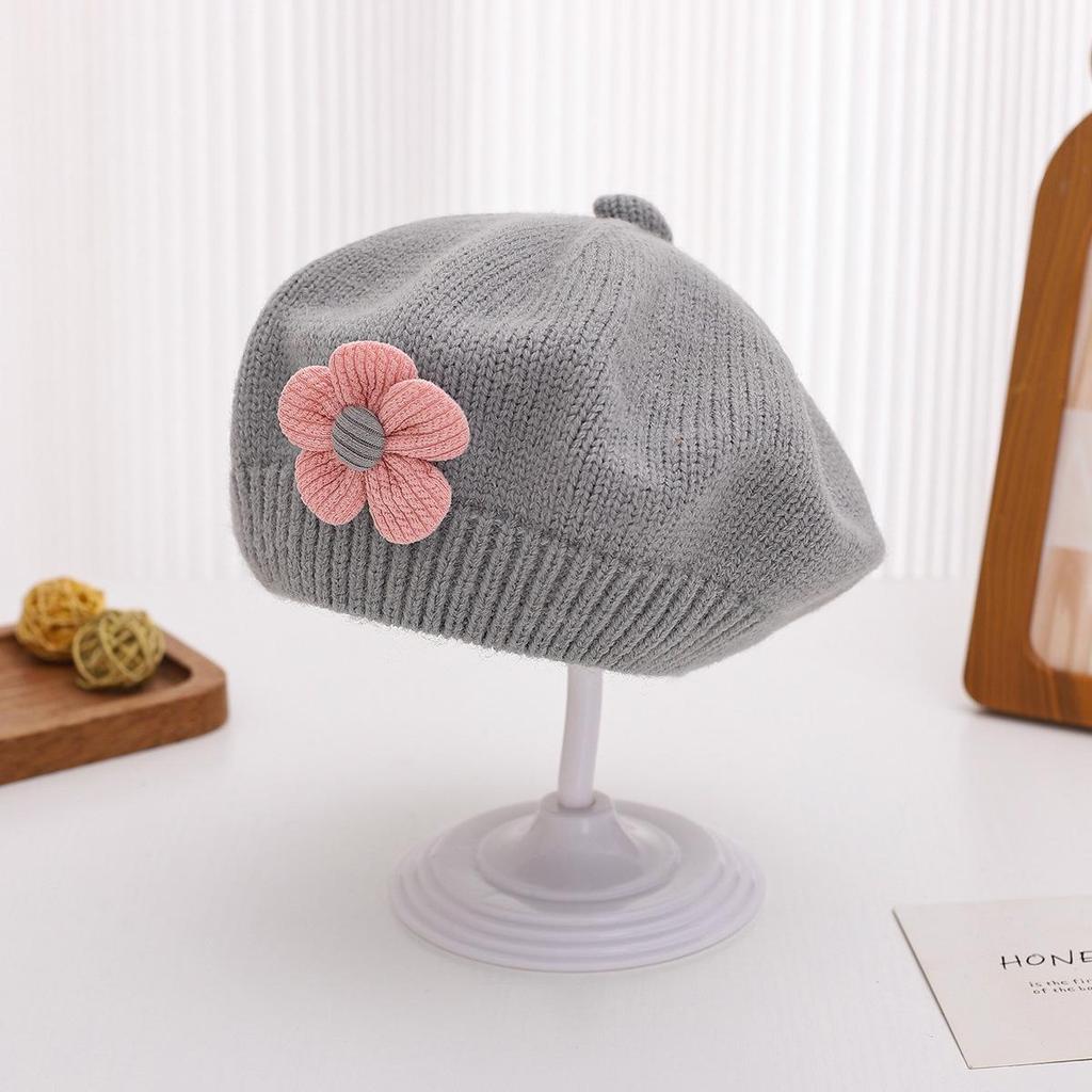 Autumn & Winter Children's Wool Beret with 3D Flower Design