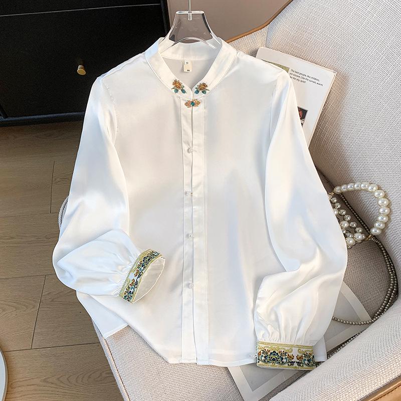 

Women s Embroidered Stand Collar Frog Button Long Sleeve Retro Top L белый