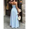Summer New Deep Neck Striped Holiday Dress Hot Halter Sleeveless Neck Long Dress