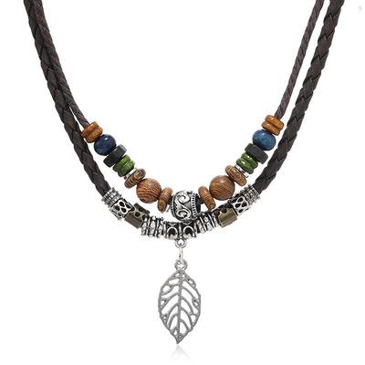 Collier pull multicouche en perles de bois rétro Mori-kei bohème