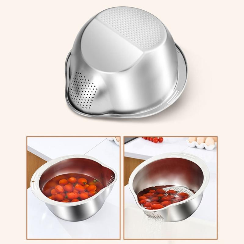 Easy To Store Rice Washing And Draining Tool Multipurpose Stainless Steel Strainer Bowl for Rice and Vegetable Draining