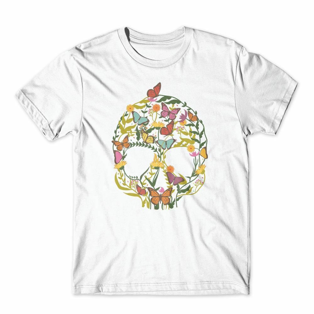 Skull Flowers Butterfly T-Shirt 100% Cotton Premium Tee NEW S разноцветный