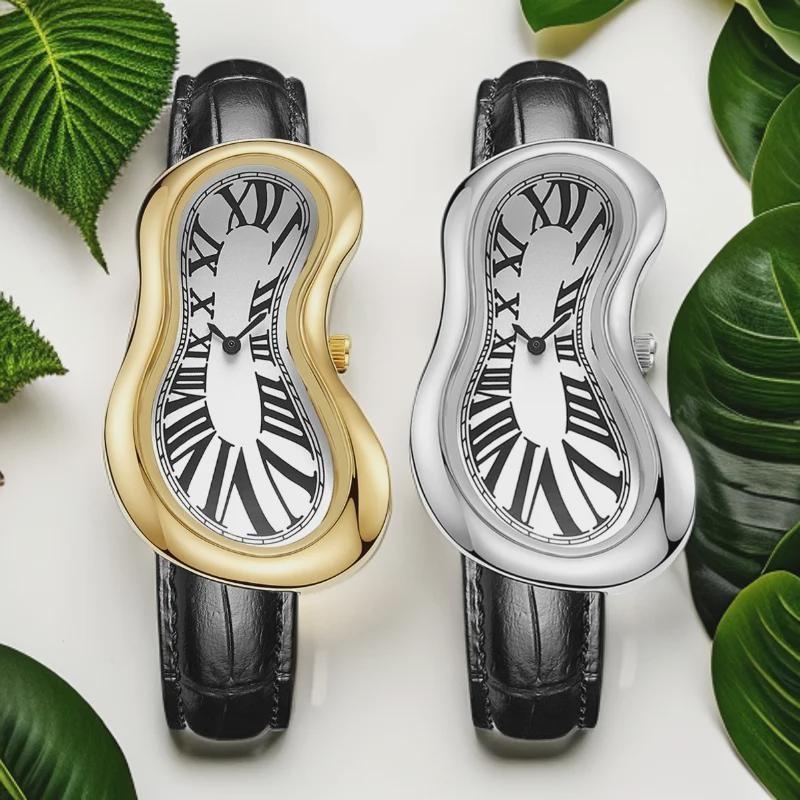 New Y2k Fashion Creative Men Women Melted Twisted Watches Luxury Streetstyle Irregular Shape Dial Unique Design Quartz Watch
