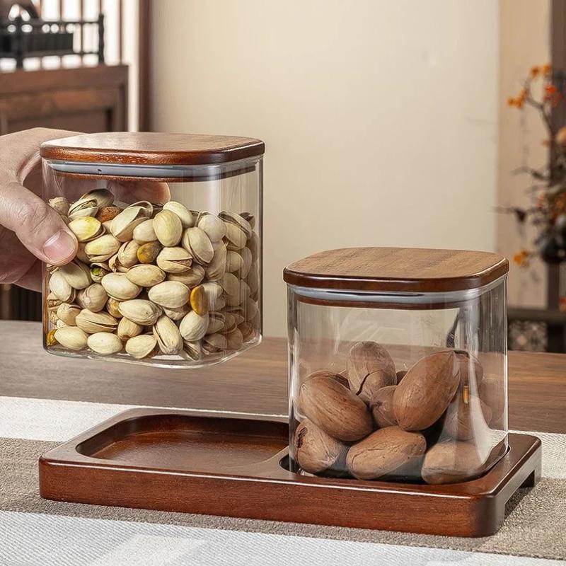 Quality Glass Sealed Canister Kitchen Food Storage Bottles with Walnut wood Lid Jars Grains Tea Leaf Coffee Beans Candy Jar