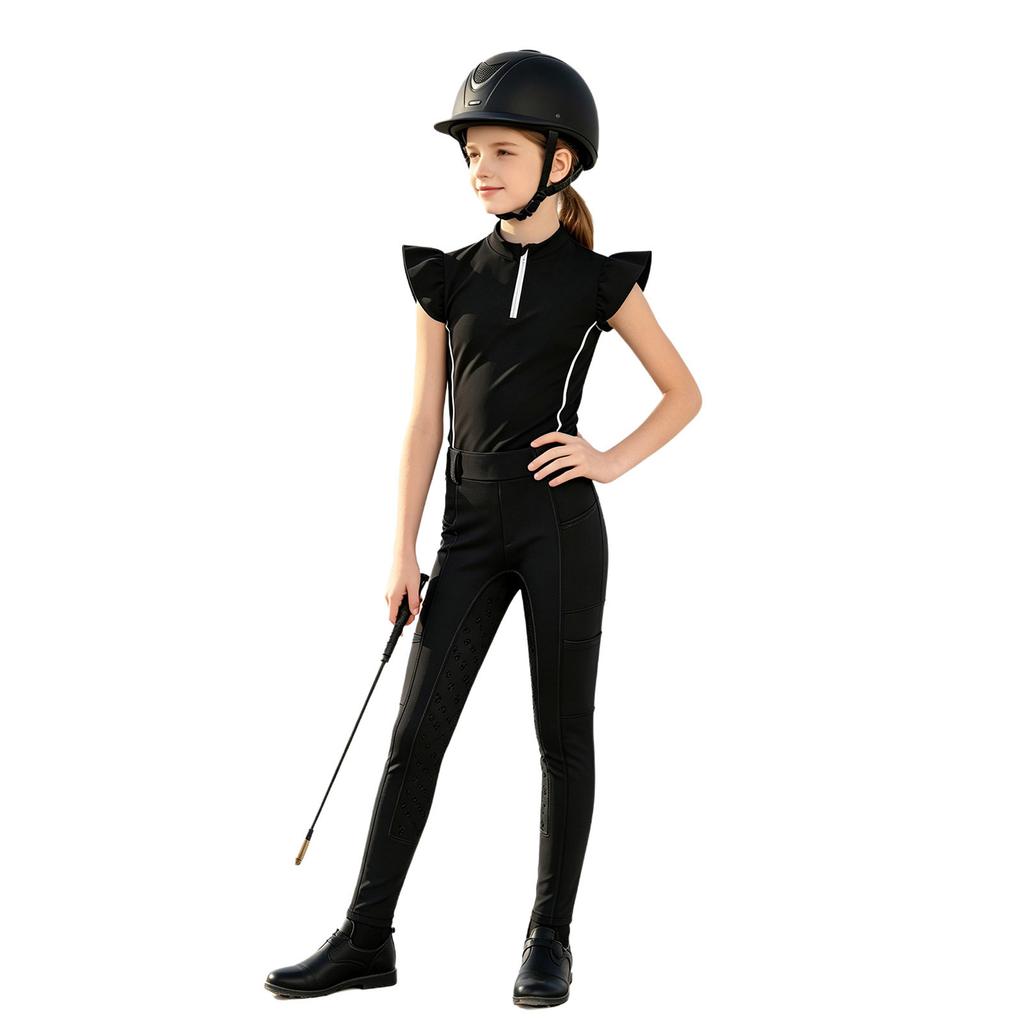 Mädchen Reitsport Reiten Reißverschluss Stehkragen Rüschenärmel Kontrastbesatz Oberteil Anti-Rutsch Vollbesatz Reithose Outfit