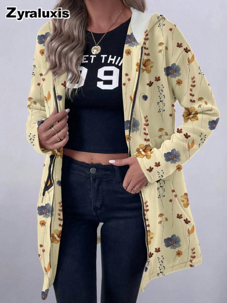 Women's Floral Print Zip-Up Long Sleeve Hoodie with Slim Fit for Fall Winter Daily Wear