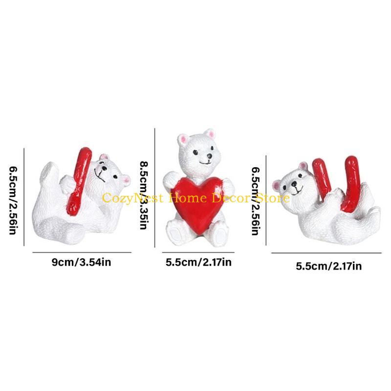 92MF 3Pcs Sweet Love Heart White Bear Ornaments Miniature Figurines Resins Animal Decors for Weddings Party Decorations