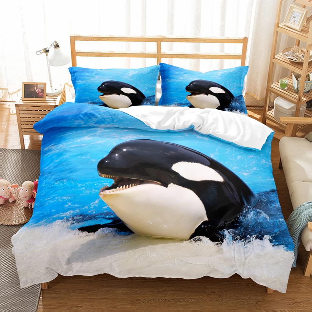 Whales King Queen Duvet Cover Ocean Animal Bedding Set Seaweed Starfish Marine Life Quilt Cover Blue Polyester Comforter Cover