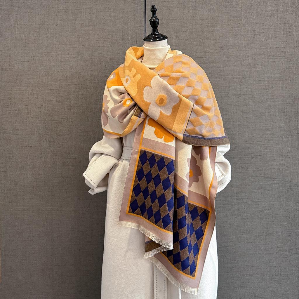 Autumn New Flower Printed Scarf Women's Imitation Cashmere Warm Multi-functional Scarf Temperament Versatile Large Shawl