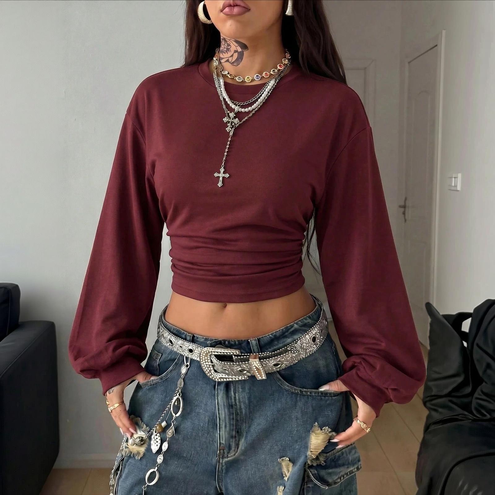 Women s Casual Long Sleeve Pleated Pullover Sweatshirt Color Top for Everyday Wear S