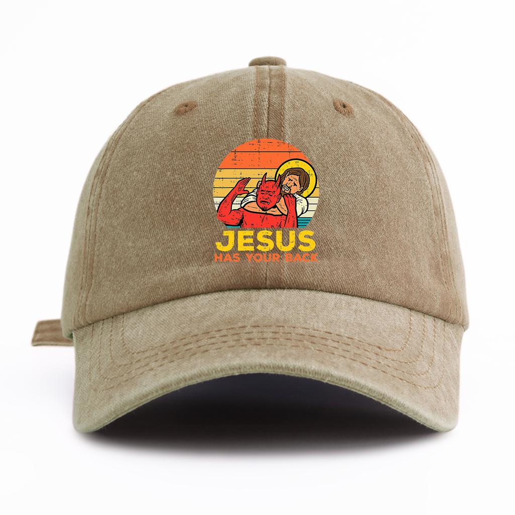 1 Stück JESUS HAT DICH IM RÜCKEN Aufdruck Gewaschene Baseballkappe für ErwachseneMinimalistischer Retro-Stil Lässig Weich Verstellbar Papa-HutPerfekt Als Geschenk