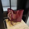 Wine Red PU Leather Tote Bag For Women Business  Large Capacity Shoulder Bag With Silk Scarf Decor For Daily Shopping Travel