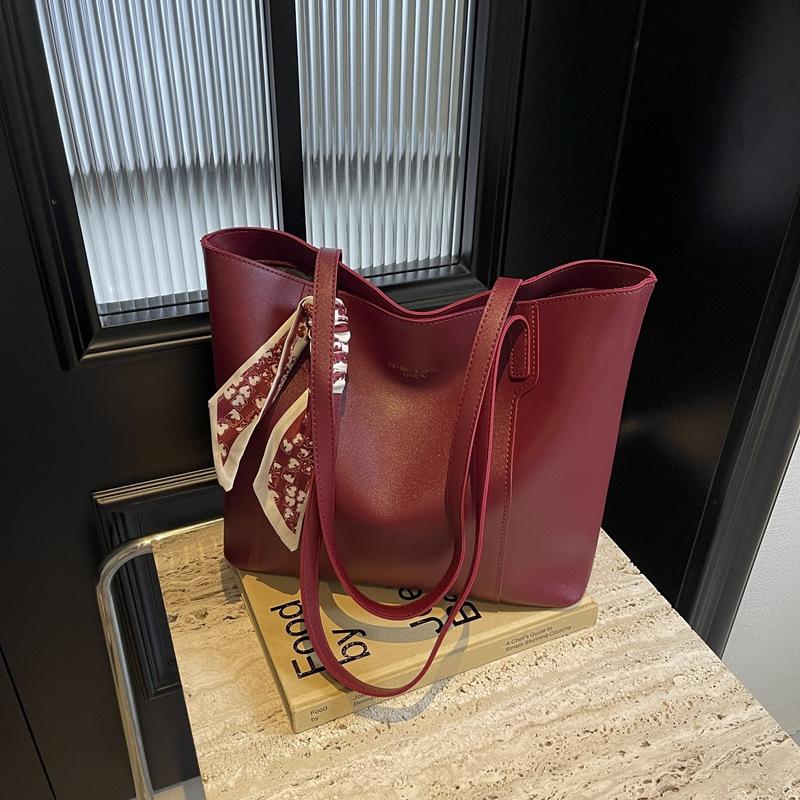 Wine Red PU Leather Tote Bag For Women Business  Large Capacity Shoulder Bag With Silk Scarf Decor For Daily Shopping Travel