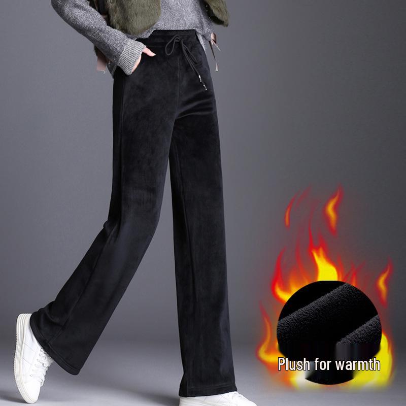 2023 Dámské nadměrné kalhoty s vysokým pasem a širokými nohavicemi podšité fleecem ze zlatého sametu - Podzimní/Zimní kolekce