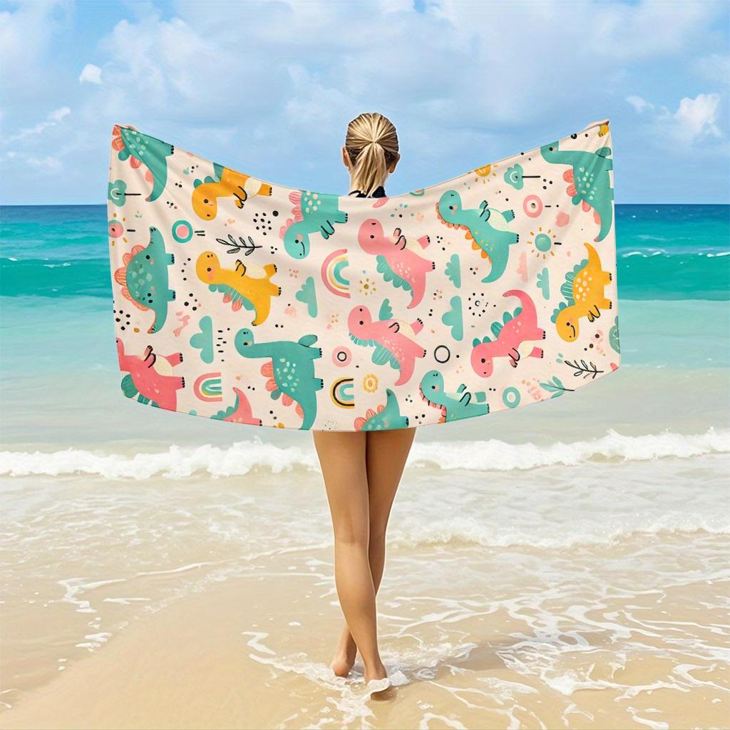 Cute Dinosaur Beach Towel,Cartoon Dinosaur Design,Perfect for Beach Pool Picnic,Rainbow Decor,Adorable Summer Holiday Essential