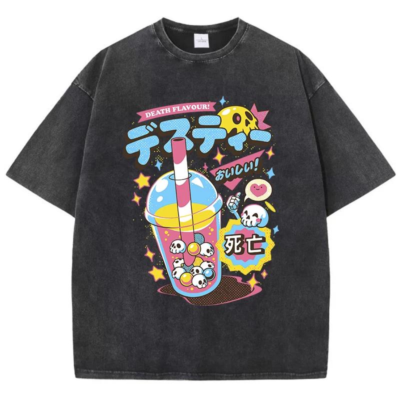 Fashion Woman Washed T-Shirts Funny Skull Drink Printing Short Sleeve Cotton Distressed Oversize Crewneck Tops Street Clothes