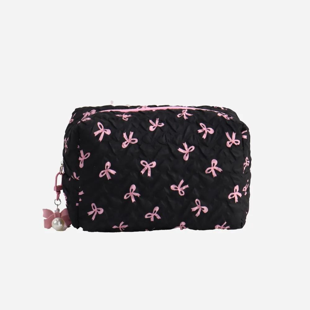 Fashion Bowknit Print Cosmetic Bag Large Capacity Pink Color Storage Pouch Makeup Bag Travel