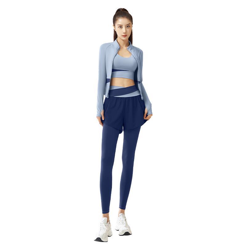 Juyitang Women's Color-Matching Yoga Three-Piece Set - Breathable Slim Fit Sportswear.