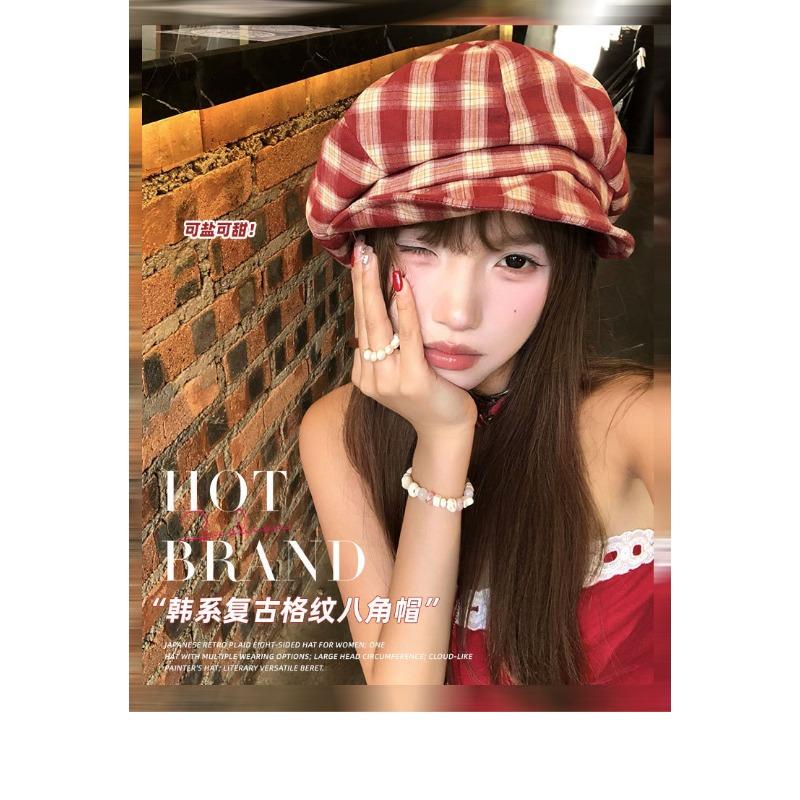 Women S Plaid Beret Hat Large Head Size College Style Japanese Vintage Autumn