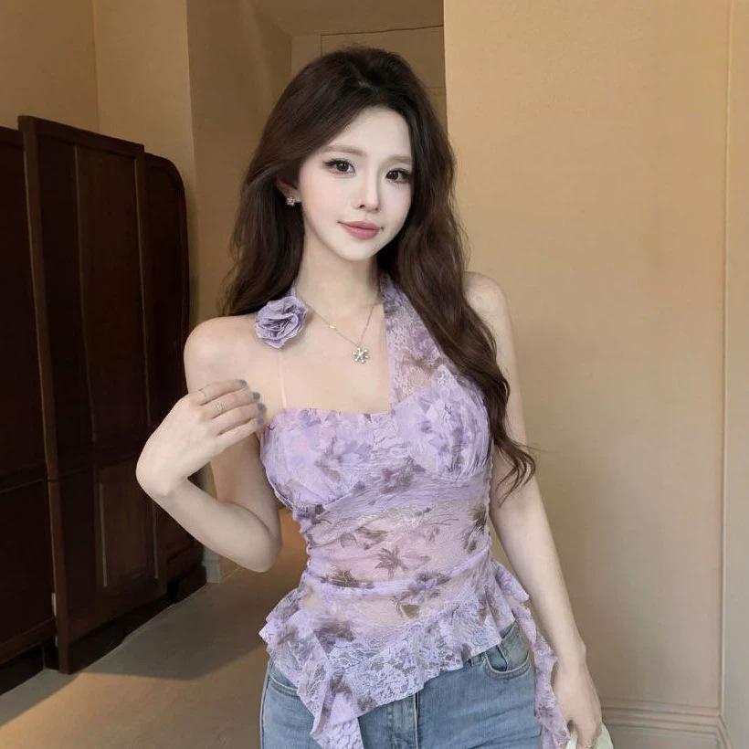 Irregular Three-dimensional Flower Halter Neck Vest Women's Summer Sleeveless Outer Wear Spice Girl Sexy Slim Purple Top