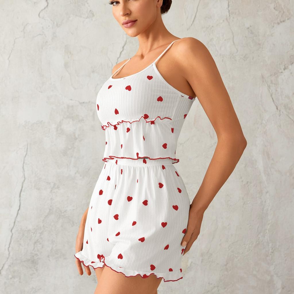 Summer heart print Pajamas Set for Women Homewear Lotus Leaf Edge pijamas Sexy Sling Crop Tops and Shorts 2 Pieces Set Sleepwear