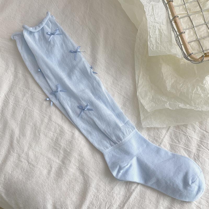 Vita vadstrumpor för damer, vår och sommar, balettstil, med rosett, mitt på vaden, med Mary Jane-strumpor